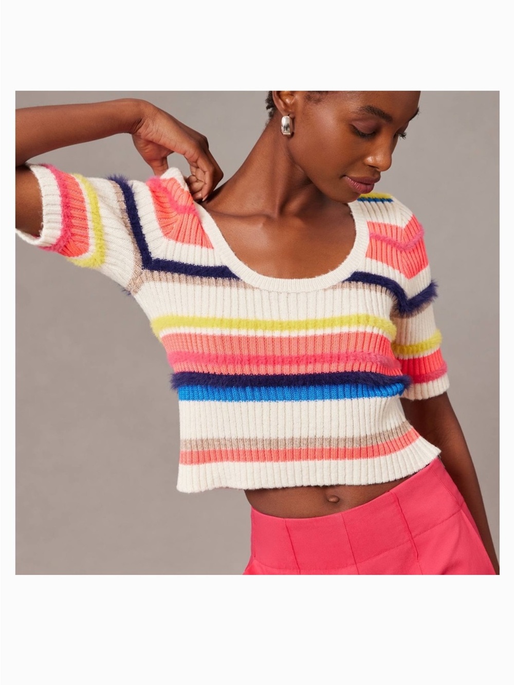Maeve Anthropologie Multi Stripe Eyelash Sweater Short Sleeve Rib Knit Large